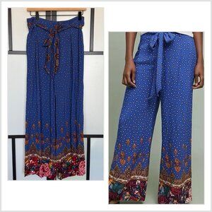 Anthropologie Ett Twa Wide Leg Floral Blue Pants Belted Size 4 Boho Hippie Lagom